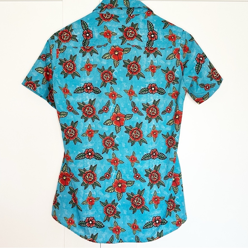 Dixxon Stay Gold Party Shirt Medium women’s Hawaiian blue red floral button up - Picture 7 of 12